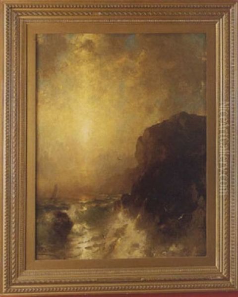 Sunset Over A Rough Ocean, Sailboat And Cliffs Oil Painting by George Herbert McCord