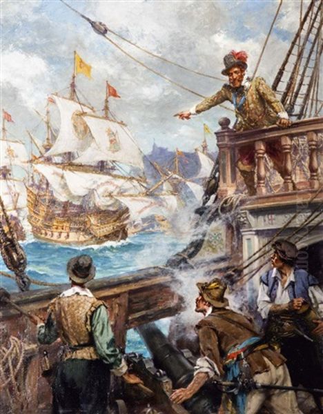 Sir Francis Drake At Cadiz Oil Painting by Arthur David Mccormick