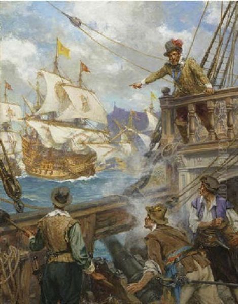 Sir Francis Drake At Cadiz Oil Painting by Arthur David Mccormick