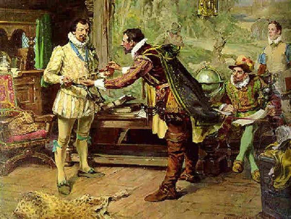 Sir Francis Drake At Cadiz, Receiving A Pipe Oil Painting by Arthur David Mccormick