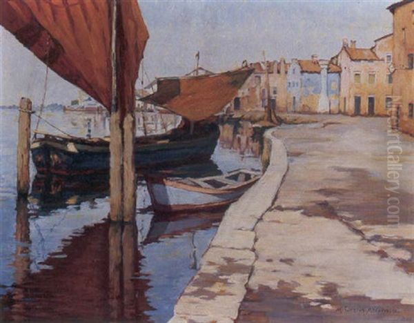 Boats At Dock Oil Painting by M. Evelyn McCormick