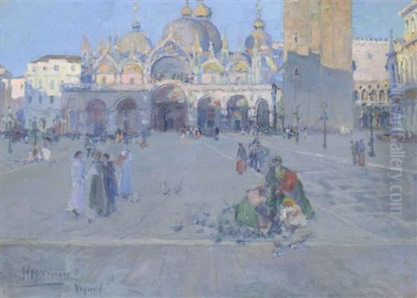 Feeding The Birds In The Piazza San Marco, Venice Oil Painting by Mary Mccrossan