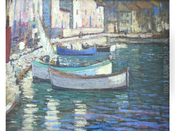 Boats Moored In A Harbour Oil Painting by Mary Mccrossan