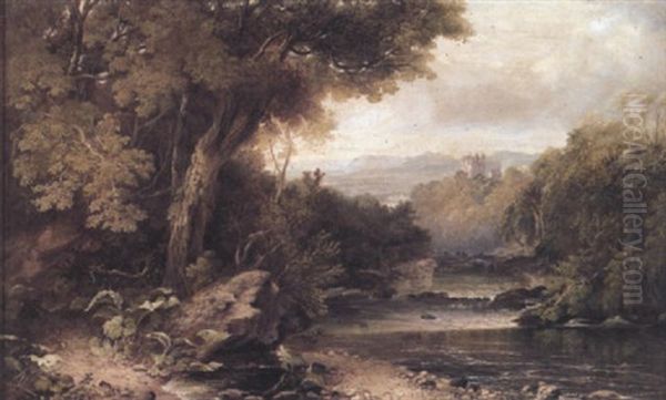 A Wooded River Landscape With Distant Castle Oil Painting by Horatio McCulloch