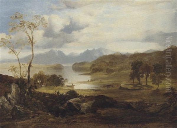 View Of Loch Fad, Isle Of Bute, With Arran In The Distance Oil Painting by Horatio McCulloch