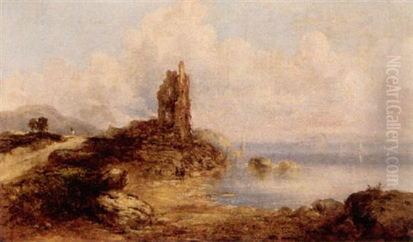 Figures Before A Ruin In A Coastal Landscape Oil Painting by Horatio McCulloch