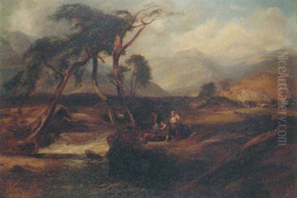 Figures By A River In A Highland Landscape Oil Painting by Horatio McCulloch