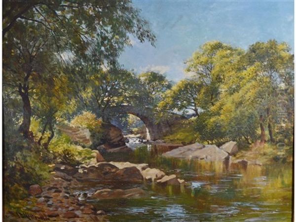 A Stone Bridge Over A River In A Wooded Landscape Oil Painting by John Blake McDonald