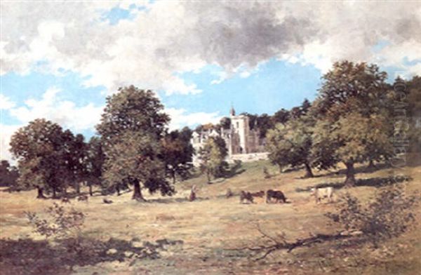 A View Of A Scottish Manor House And A Cowherd With Cattle On The Lawn In The Foreground Oil Painting by John Blake McDonald