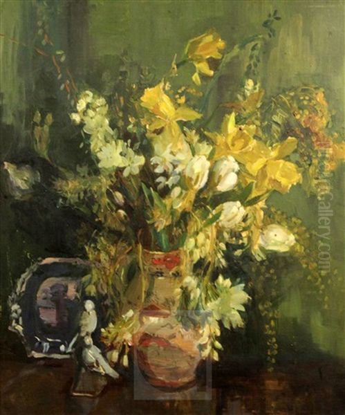 Still Life Of Black Flowers In A Pottery Jug Oil Painting by Violet Mcdougall