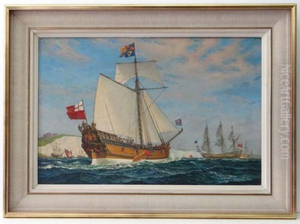 The First British Yacht Mary (with Charles Ii By The Cliffs Of Dover) Which Was Presented To Charles Ii By The City Of Amsterdam Signed To Front, Lower Right And National Society Label Verso, Has James Bourlet Label Verso Oil Painting by William McDowell