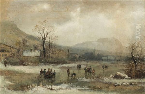 Activities On The Ice Oil Painting by Jervis McEntee