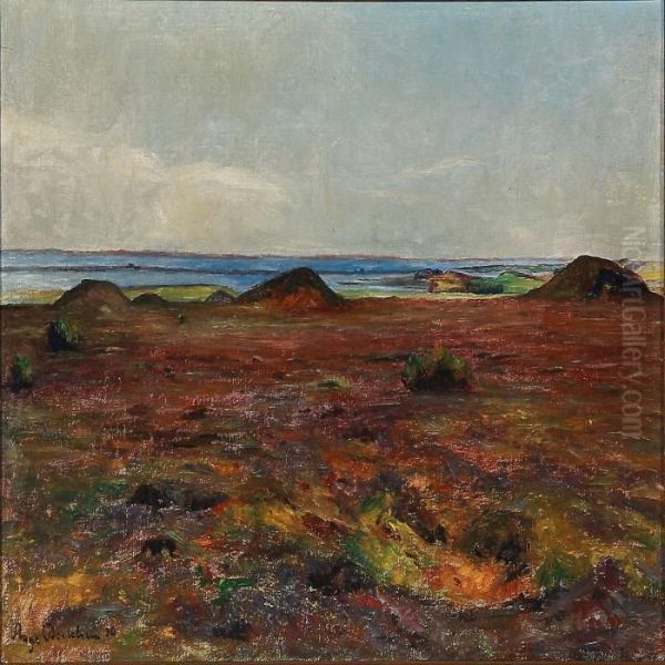 Heather Landscape With A View To A Coast Oil Painting by Aage Bertelsen