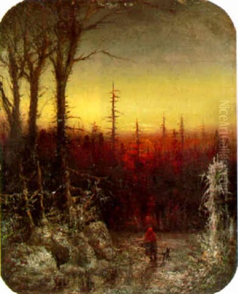 Hunter In A Winter Sunset Oil Painting by Jervis McEntee