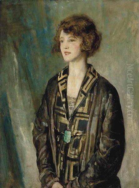 Portrait Of Mrs Charles Romer-williams, Wearing A Jade Pendant Oil Painting by Arthur Ambrose McEvoy