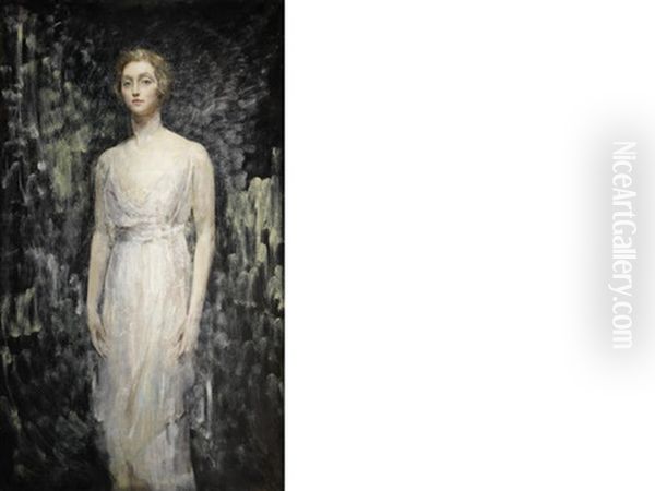 Portrait Of A Lady, Full Length, In A White Gown Oil Painting by Arthur Ambrose McEvoy