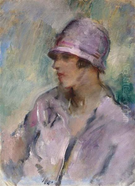 Portrait Of A Lady, Bust Length, In A Pink Hat And Coat Oil Painting by Arthur Ambrose McEvoy