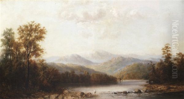 Landscape With Distant Mountains And Crane Oil Painting by Henry Nesbitt Mcevoy