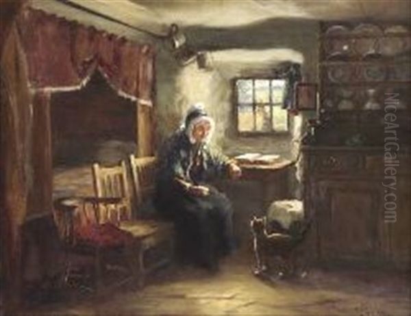 Interior Scene With Old Woman And Cat Oil Painting by Tom Mcewan