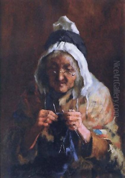 Study Of An Old Lady Knitting Oil Painting by Tom Mcewan