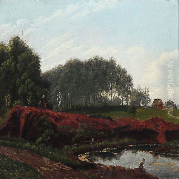 Landscape With A Boy Fishing Oil Painting by Rudolf Bertelsen