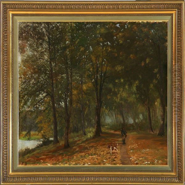 Hunter Walking Inherlufsholm Forest Oil Painting by Rudolf Bertelsen