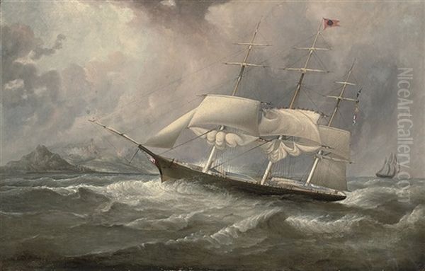 The Black Ball Clipper Ocean Chief On Her Australian Run With The Crew Aloft Reefing-down The Sails Oil Painting by Duncan Mcfarlane