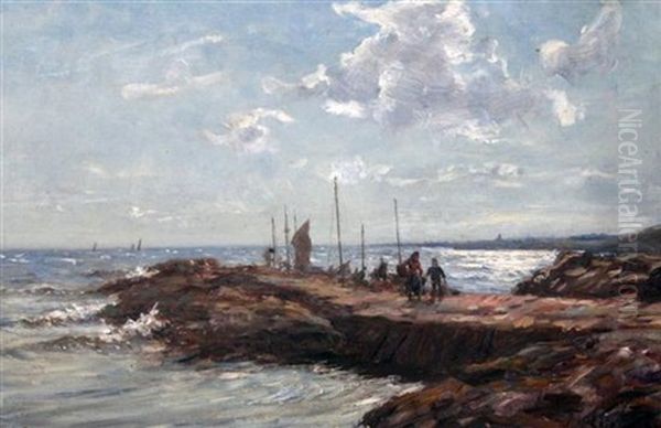 Fisherfolk On The Shoreline Oil Painting by John Mcghie