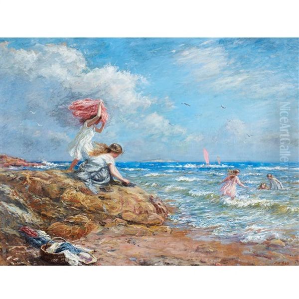 Girls On The Beach Oil Painting by John Mcghie