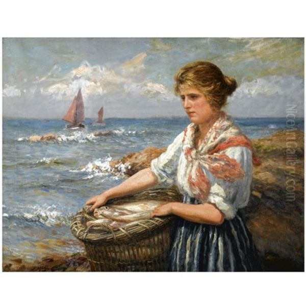 The Young Fishergirl (+ Breaking Waves; 2 Works) Oil Painting by John Mcghie