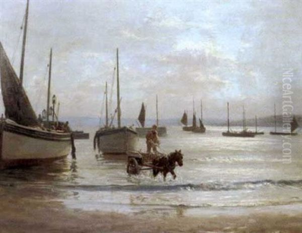 Shore Scene With Moored Boats And A Horse-drawn Cart Oil Painting by John Mcghie