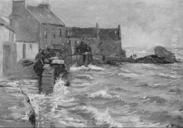 High Tide - The Harbor Wall, Pittenween Oil Painting by John Mcghie