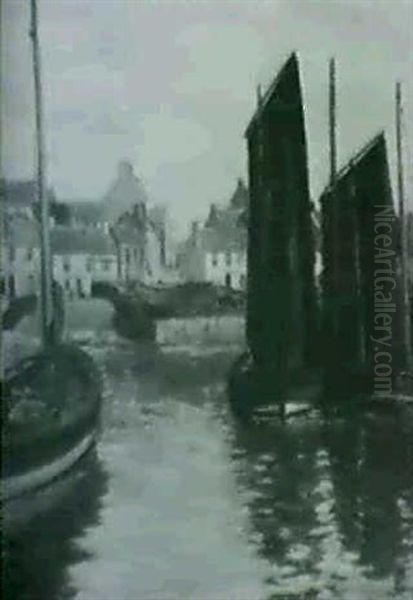 Fishing Boats At A Village Pier Oil Painting by John Mcghie