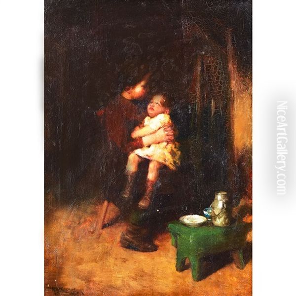 Young Girl Playing Mother At Mealtime Oil Painting by Robert McGregor