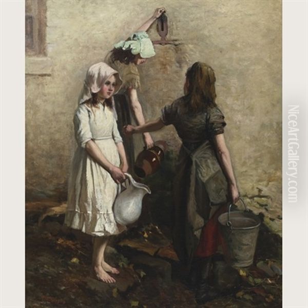 Girls At A Village Pump Oil Painting by Robert McGregor