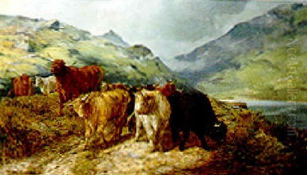 Highland Cattle In A Loch Landscape Oil Painting by Thomas Hope Mclachlan