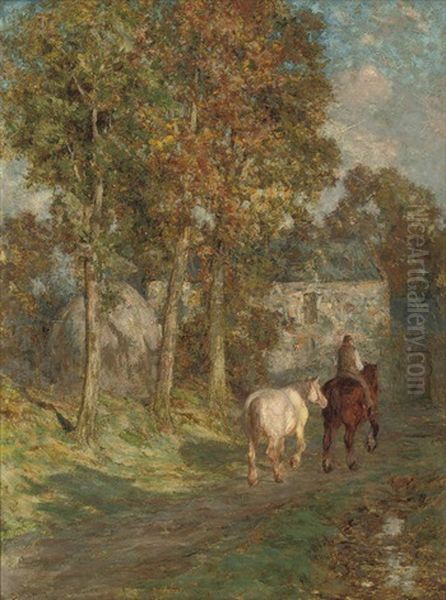 A Figure With Two Horses On A Wooded Path Oil Painting by Duncan McLaurin