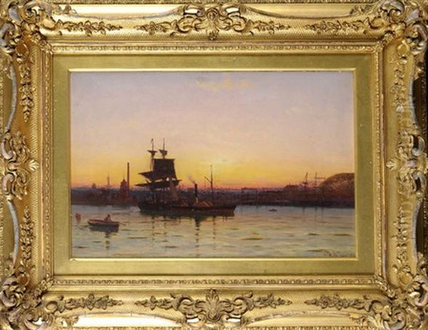 Sunset Over The Tyne With A Paddle Tug And Other Ships In The Foreground Oil Painting by Duncan (Dunan) Fraser McLea