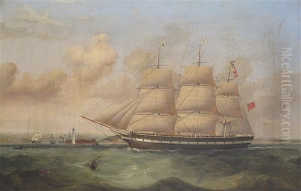 The Full-rigged Merchantman Ebba Brahe, In-bound For Liverpool And Signalling Her Number As She Passes The Perch Rock Fort And Lighthouse At The Mouth Of The Mersey by William Kimmins McMinn