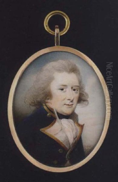 Portrait Of A Naval Officer Wearing Blue Coat With Gold Trimmed White Facings And Gold Buttons, Black Stock And White Cravat Oil Painting by Patrick John McMoreland