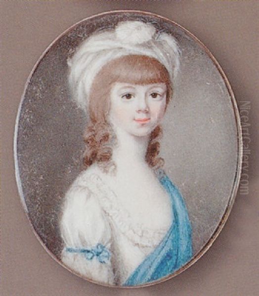 A Young Girl, With White Dress, Blue Sleeve-ribbon And Shawl, A Feathered Turban In Her Loose Brown Hair Oil Painting by Patrick John McMoreland