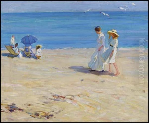 The Blue Sea, On The Beach At St. Malo Oil Painting by Helen Galloway Mcnicoll