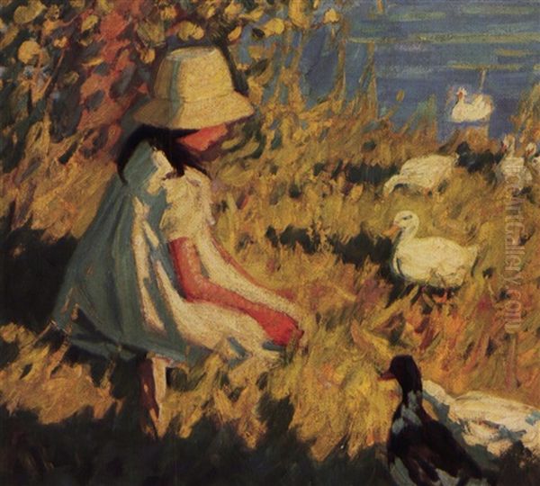 Feeding The Ducks Oil Painting by Helen Galloway Mcnicoll