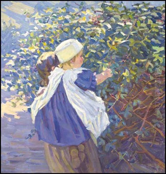 Mother And Child Picking Berries Oil Painting by Helen Galloway Mcnicoll