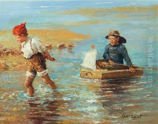 Two Boys Playing At The Beach Oil Painting by William McTaggart