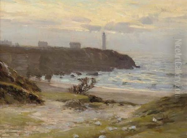 Sunset On The Coast, With A Lighthouse In The Distance Oil Painting by Arthur Meade