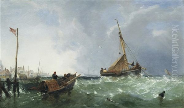 Fishing In Choppy Seas At Folkestone, A Pair Each 30.5 X 51cm (12 X 20 1/16in). (2) Oil Painting by James Meadows Snr