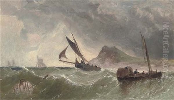 Fishing Craft In A Swell Off The Coast Oil Painting by James Meadows Snr