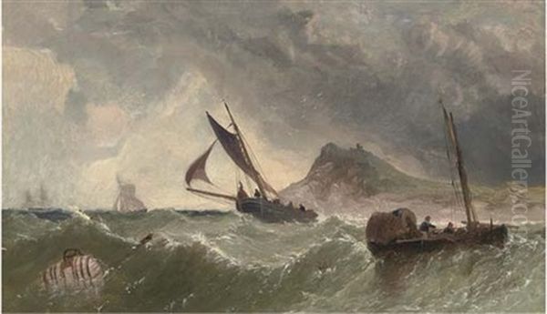 Fishing Craft In A Swell Off The Coast Oil Painting by James Meadows Snr