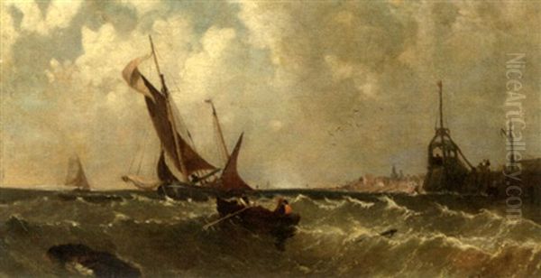 Shipping Off A Harbor Mouth Oil Painting by James Meadows Snr